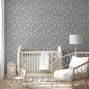 Modern Mint & Grey Paw Print Nursery Wallpaper