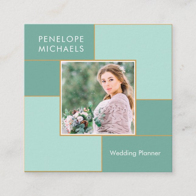 Modern Mint Grid with Photo Square Business Card (Front)