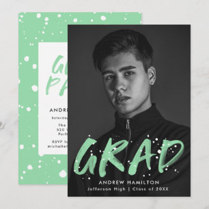 Modern Mint Paint Splatter Photo Graduation Party Invitation