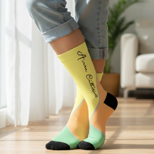 Modern Mint & Peach Pastel Color Block Custom Name Socks (Creator Uploaded)