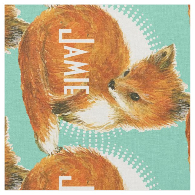 Modern Mint Personalized Fox Fabric (Close Up)