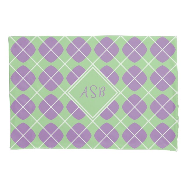 Modern Mint Purple Diamond Argyle Monogram Pillowcase (Front)