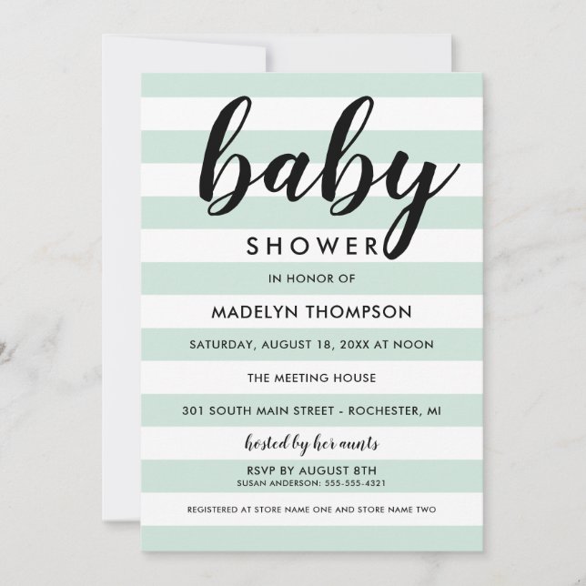 Modern Mint Stripe Script Baby Shower Invitation (Front)