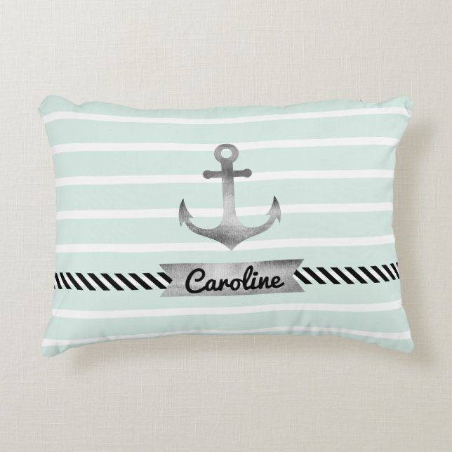 Modern Mint Stripes Grey Anchor Personalized Decorative Pillow (Front)