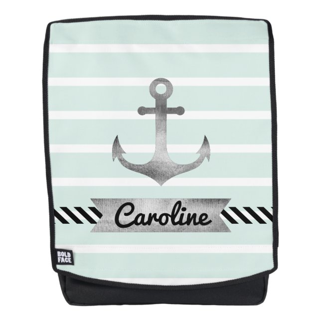Modern Mint Stripes Watercolor Anchor Custom Backpack (Front)