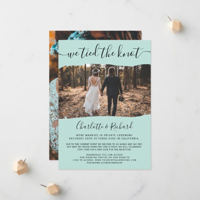 Modern mint wedding elopement tied the knot photo announcement (Front/Back In Situ)