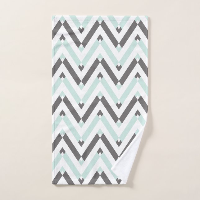 Modern Mint White Grey Geometric Chevron Pattern Hand Towel (Hand Towel)