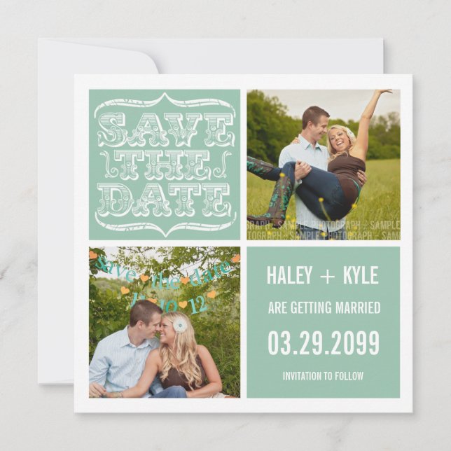 Modern Mint & White Save the Date Photo Cards (Front)