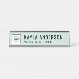 Modern Mist Green Logo Employee Desk Name Plate