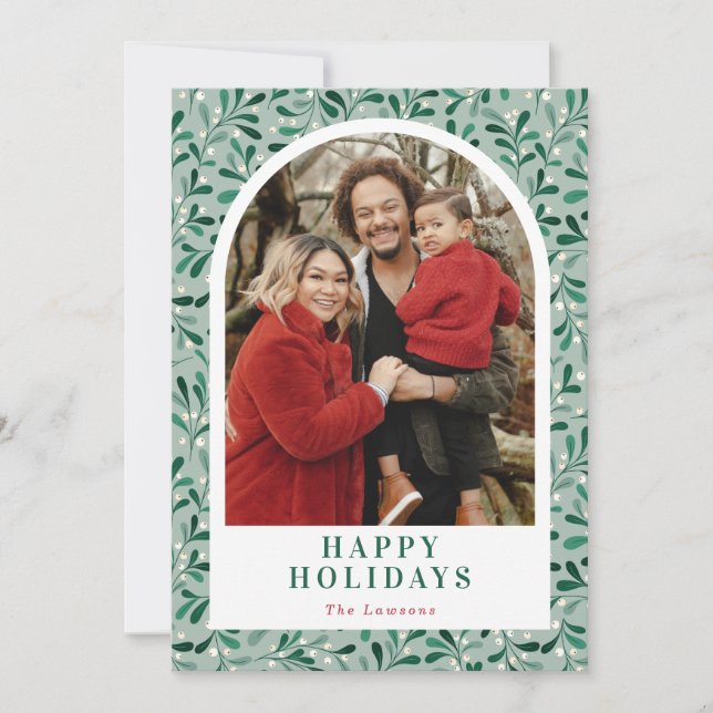 Modern Mistletoe Pattern Arch Photo Holiday Card (Front)
