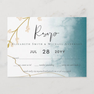 Modern Misty Blue Gold Wedding Postcard