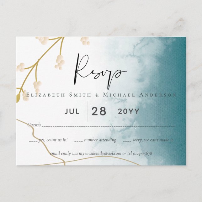 Modern Misty Blue Gold Wedding Postcard (Front)