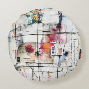 Modern Mixed Media Collage Art Round Pillow