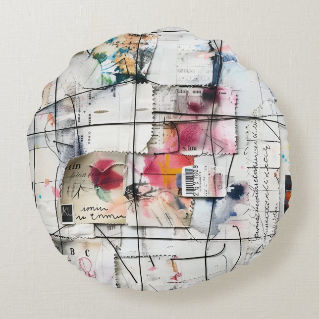 Modern Mixed Media Collage Art Round Pillow (Back)