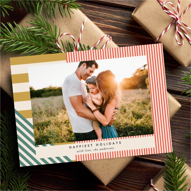 Modern Mixed Stripes One Photo Christmas  Holiday Card (Creator Uploaded)