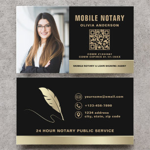 Modern Mobile Notary Photo QR Code Black Gold Business Card