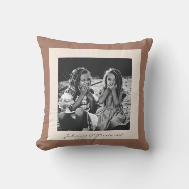 Modern Mocha Brown Beige Family Custom Photo Throw Pillow (Front)