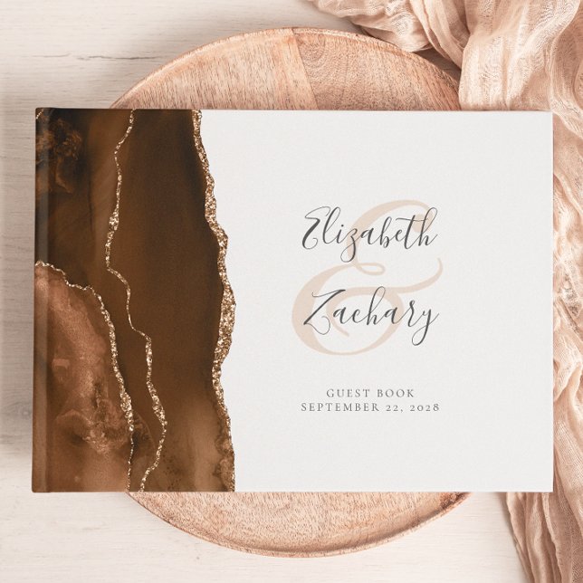 Modern Mocha Brown Gold Agate Script Guest Book (Creator Uploaded)