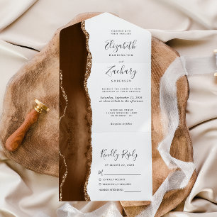 Modern Mocha Brown Gold Agate Wedding All In One Invitation