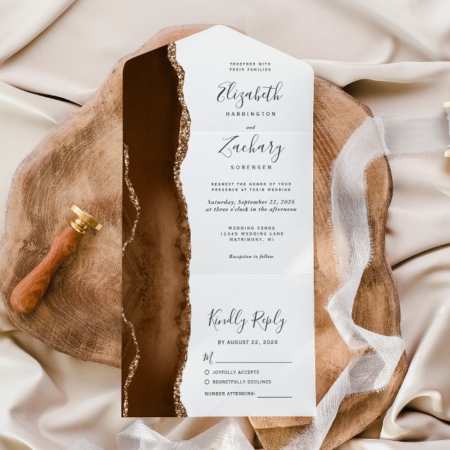 Modern Mocha Brown Gold Agate Wedding All In One Invitation (Creator Uploaded)