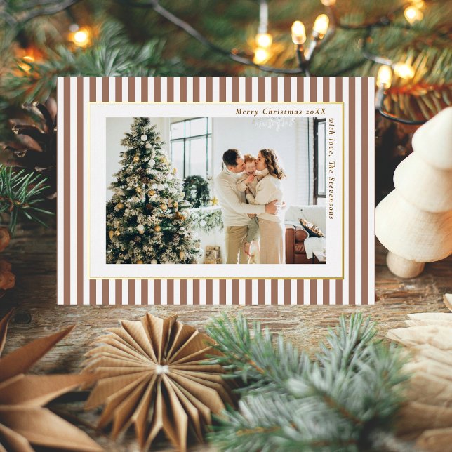 Modern Mocha Brown Stripes Photo Christmas Gold Foil Holiday Card (Creator Uploaded)
