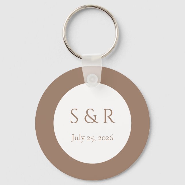 Modern Mocha Minimal Monogram Wedding Favour  Keychain (Front)