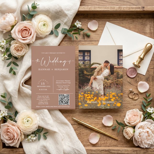 Modern Mocha Mousse Boho Arch QR Code Photo Invitation (Creator Uploaded)