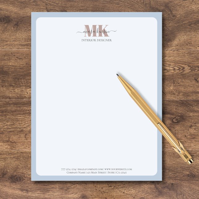 Modern Mocha Mousse Monogram Dusty Blue Letterhead (Creator Uploaded)