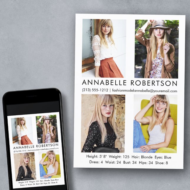 Modern Model Actor 4 Photos Comp Card (Customize to change background color, text size, style or to add more photos to back of card.)