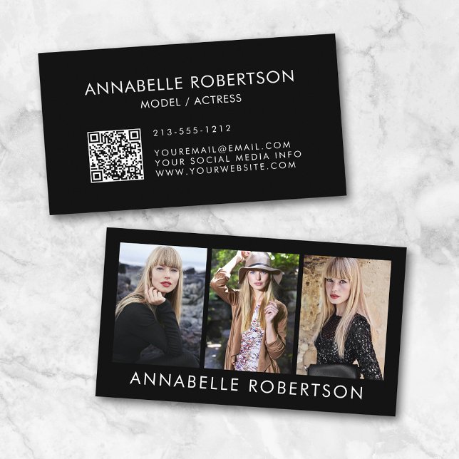 Modern Model and Actor 3 Photos QR Code Business Card (Customize to change background color, text size or style. Add your social media to QR scan code.)
