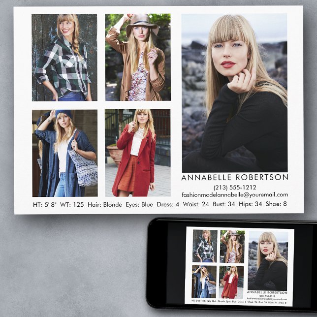 Modern Model and Actor 5 Photo Comp Card (Customize to change background color, text size, style or to add more photos to back of card.)