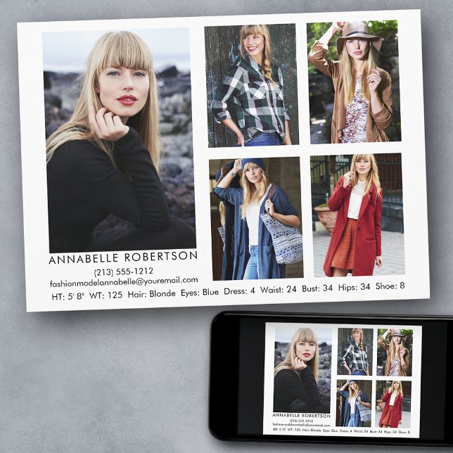 Modern Model and Actor 5 Photo Comp Card (Customize to change background color, text size, style or to add more photos to back of card.)