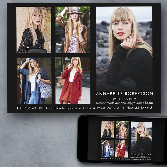 Modern Model and Actor 5 Photos Comp Card (Customize to change background color, text size, style or to add more photos to back of card.)
