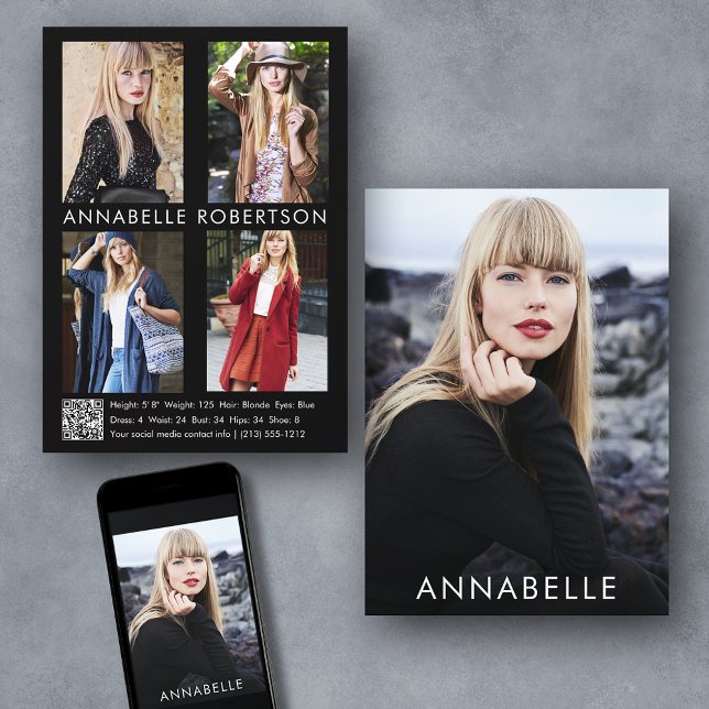 Modern Modelling 5 Photo Model QR Code Comp Card (Customize to change background color, text size or text style. Available for prints and download.)