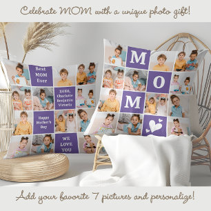 Modern MOM 12 Photo Collage Personalized Purple Throw Pillow