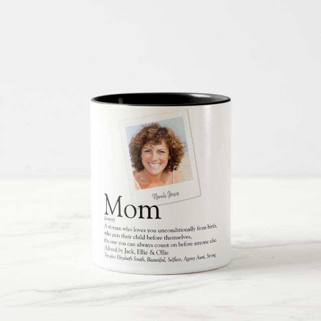 Modern Mom Definition Quote Black and White Photo  Two-Tone Coffee Mug (Center)