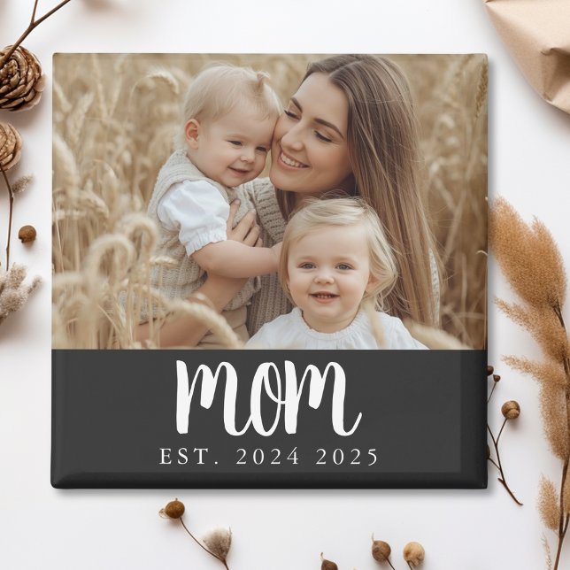 Modern Mom Established Photo Gift Magnet (modern black and white script mom established date custom photo magnet for mothers day or stocking)