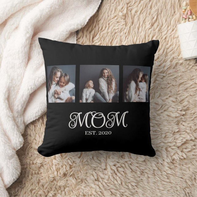 Modern Mom Established Script Black 3 Photo Throw Pillow (Blanket)