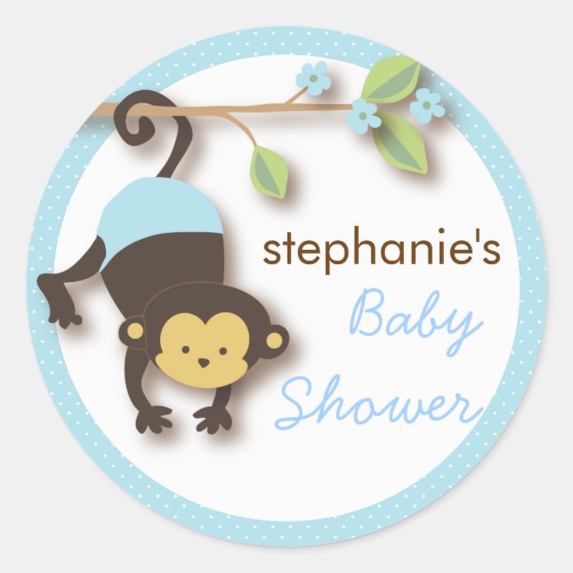 Modern Monkey Sweet Boy Baby Shower in Blue Classic Round Sticker (Front)