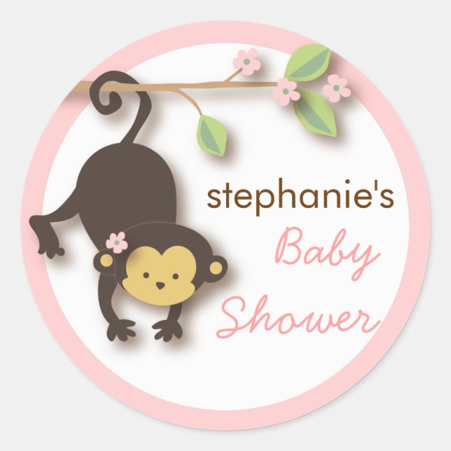 Modern Monkey Sweet Girl Baby Shower in Pink Classic Round Sticker (Front)