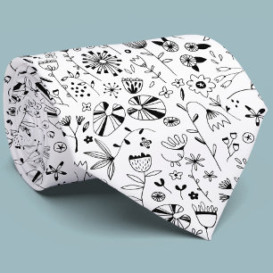 Modern Monochrome Black and White Wild Flower Tie