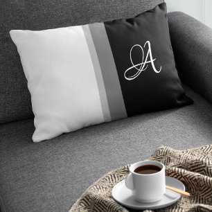 Modern Monochrome Black White Stripes Monogrammed Lumbar Pillow