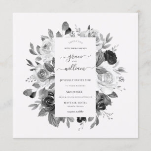 Modern Monochrome  White Floral Square Wedding Invitation