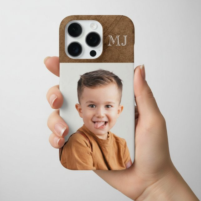 Modern Monogram 1 Photo Distressed Brown iPhone Case (Creator Uploaded)