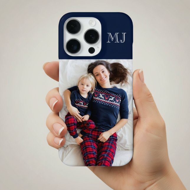 Modern Monogram 1 Photo Navy Blue iPhone Case (Creator Uploaded)