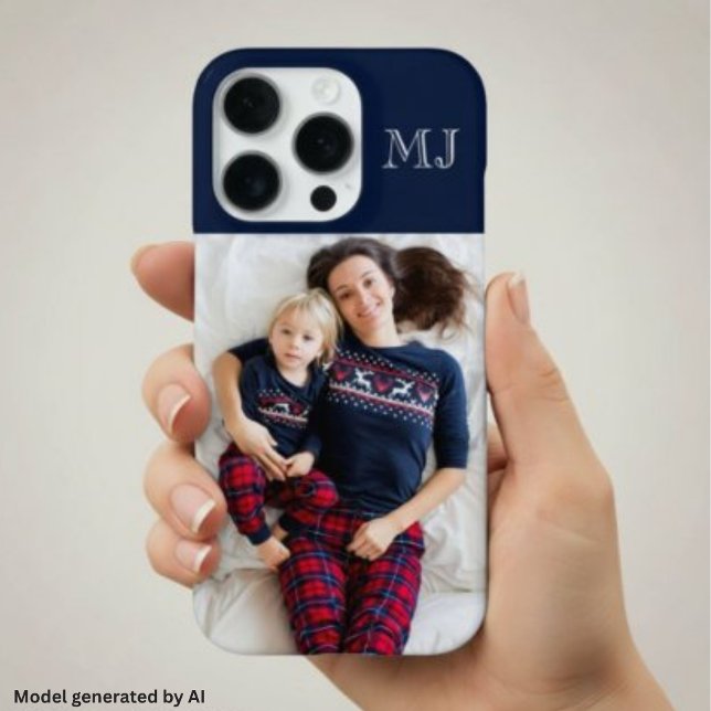 Modern Monogram 1 Photo Navy Blue iPhone Case (Creator Uploaded)