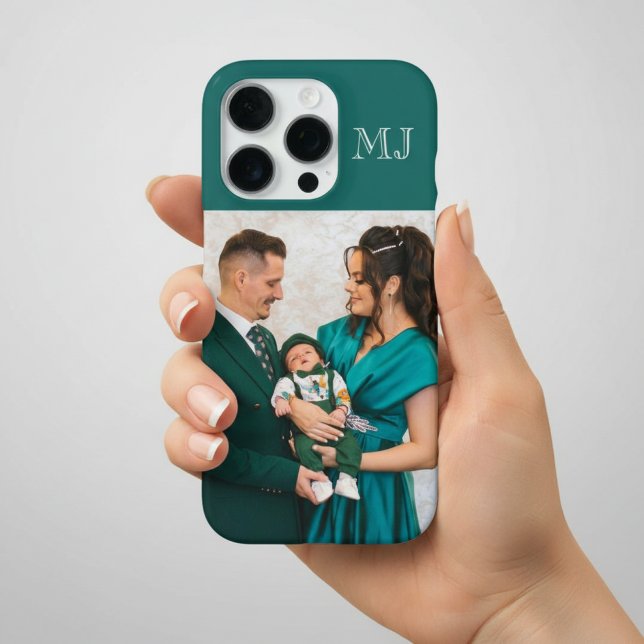 Modern Monogram 1 Photo Teal Green iPhone Case (Creator Uploaded)