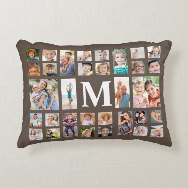 Modern Monogram 32 Family Photo Collage Brown Accent Pillow (Front)