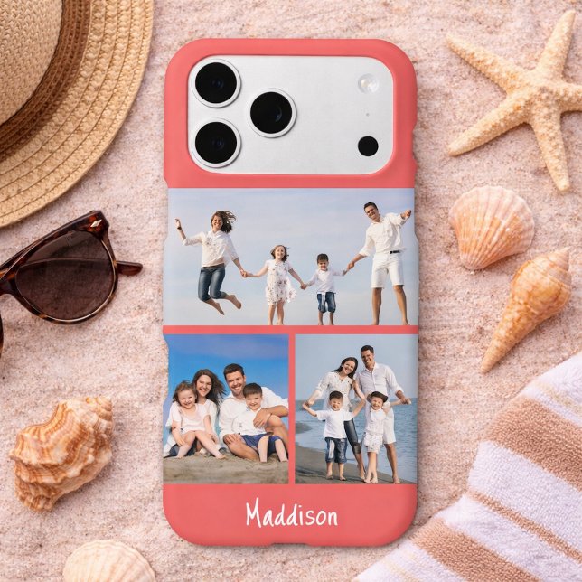 Modern Monogram 3 Photo Collage Coral Pink (Creator Uploaded)