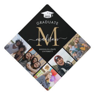 Modern Monogram 5 Photo Black Gold Class Grad Graduation Cap Topper